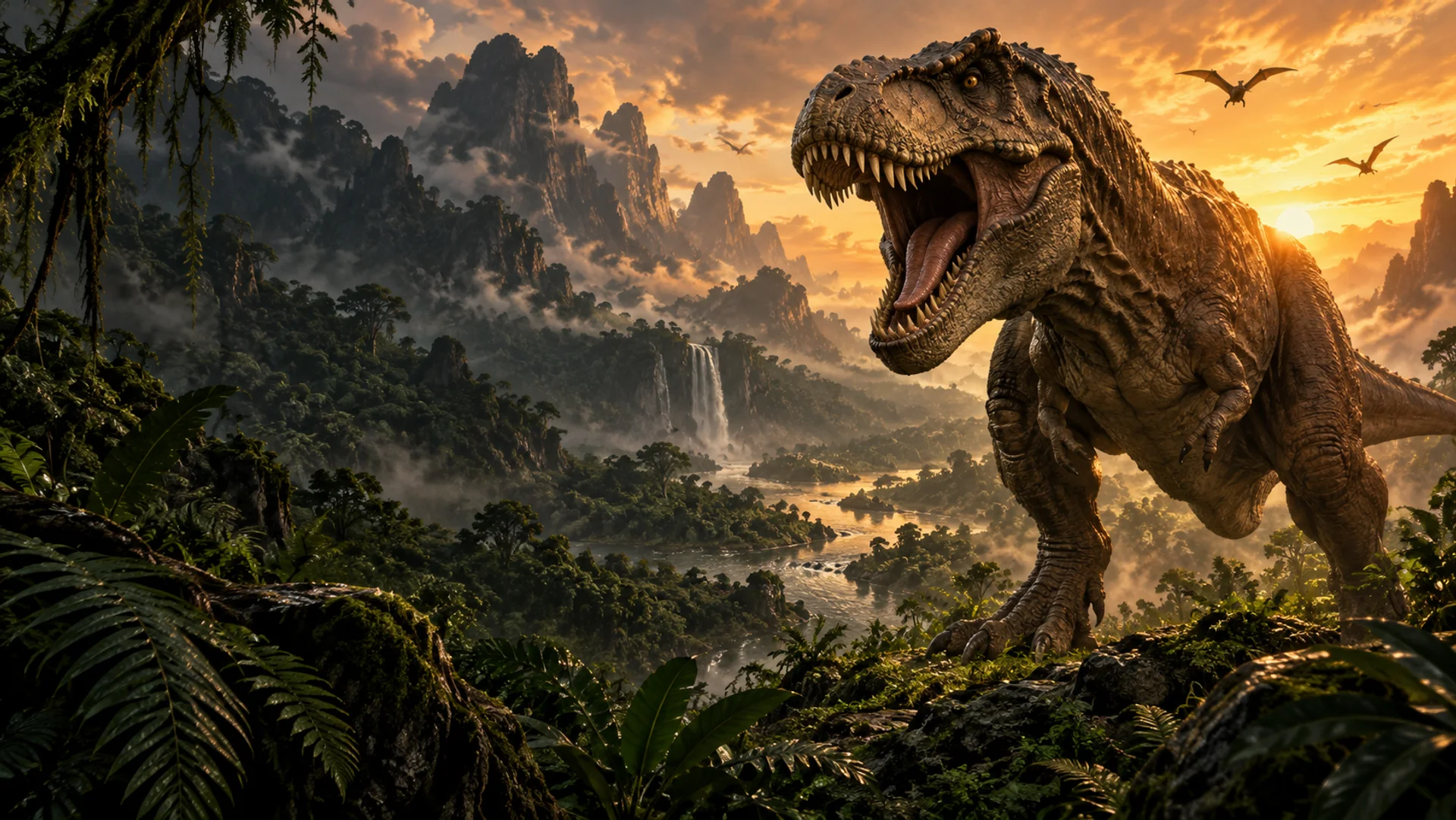An artistic reconstruction of Tyrannosaurus in a prehistoric valley at sunset